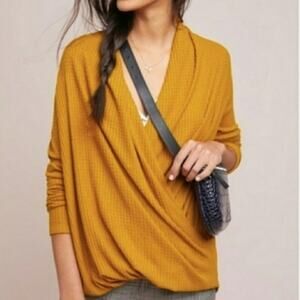 Anthropologie Akemi Kin Wrap Top Mustard Waffle Knit Stretch Long Sleeve Size XS